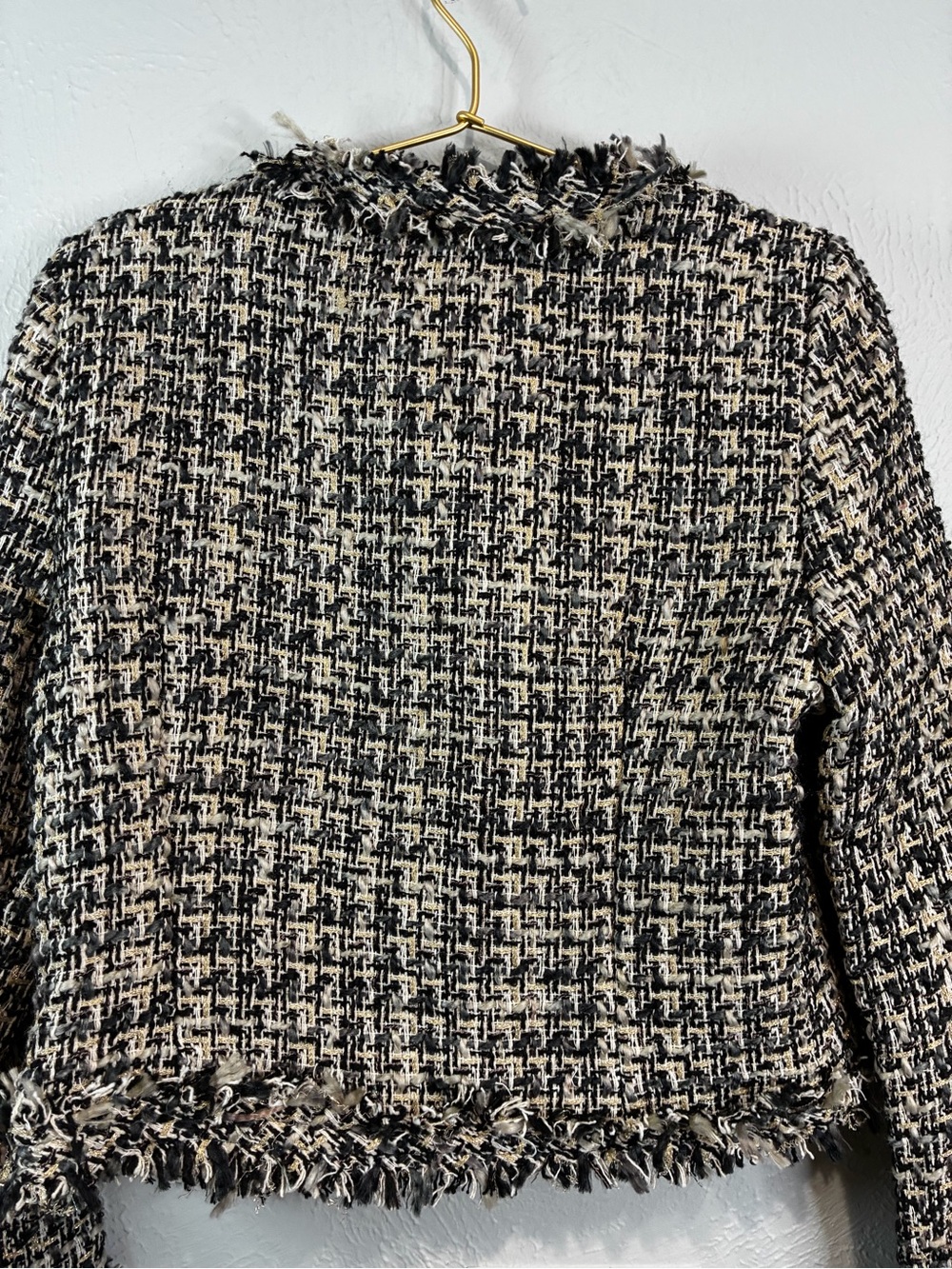 Women's LUSA Paris Black/Cream/Gold Tweed Frayed Edge Cropped Blazer - size S/M - Picture 12 of 12